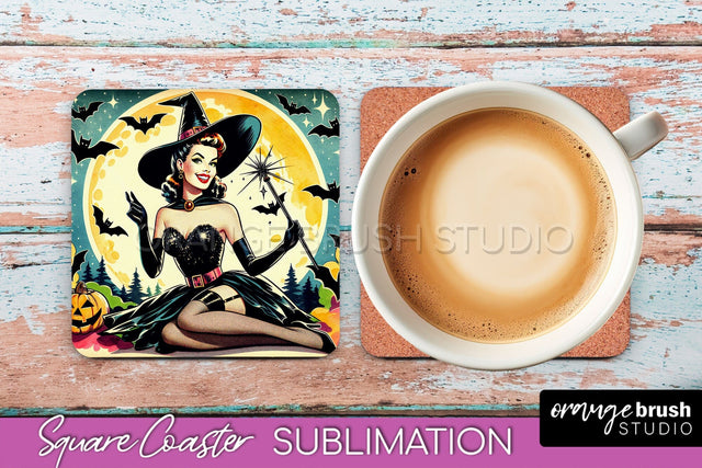 Halloween Witch Square Coaster, Retro Coaster Sublimation Sublimation OrangeBrushStudio 