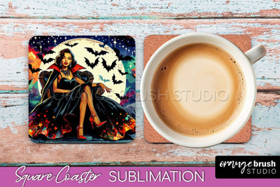 Halloween Witch Square Coaster, Retro Coaster Sublimation Sublimation OrangeBrushStudio 