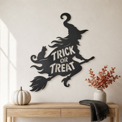 Halloween Witch Trick or Treat Laser SVG, Witch on Broom Laser Cut File, Halloween Metal Wall Art DXF, Plasma CNC Halloween Decor SVG HappyDesignStudio 