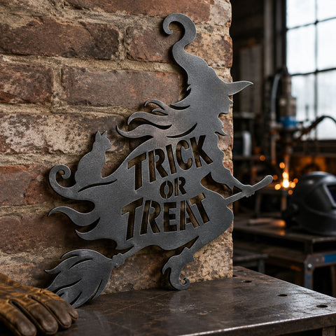Halloween Witch Trick or Treat Laser SVG, Witch on Broom Laser Cut File, Halloween Metal Wall Art DXF, Plasma CNC Halloween Decor SVG HappyDesignStudio 