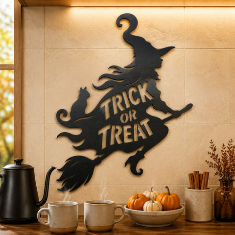 Halloween Witch Trick or Treat Laser SVG, Witch on Broom Laser Cut File, Halloween Metal Wall Art DXF, Plasma CNC Halloween Decor SVG HappyDesignStudio 