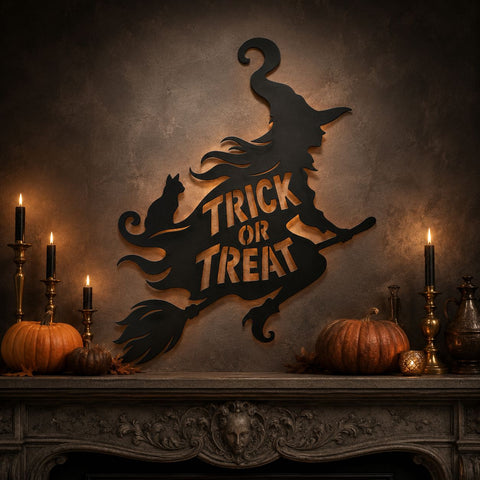 Halloween Witch Trick or Treat Laser SVG, Witch on Broom Laser Cut File, Halloween Metal Wall Art DXF, Plasma CNC Halloween Decor SVG HappyDesignStudio 