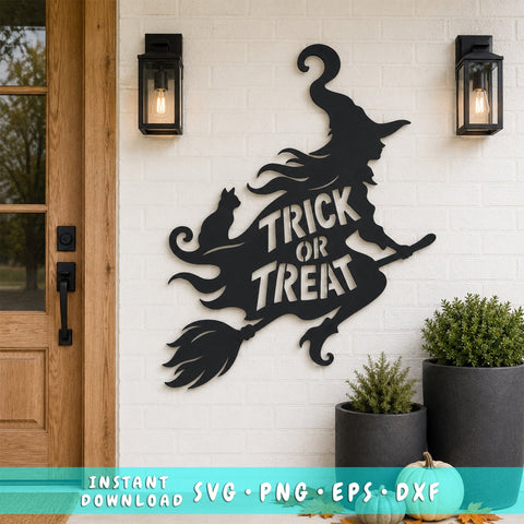 Halloween Witch Trick or Treat Laser SVG, Witch on Broom Laser Cut File, Halloween Metal Wall Art DXF, Plasma CNC Halloween Decor SVG HappyDesignStudio 