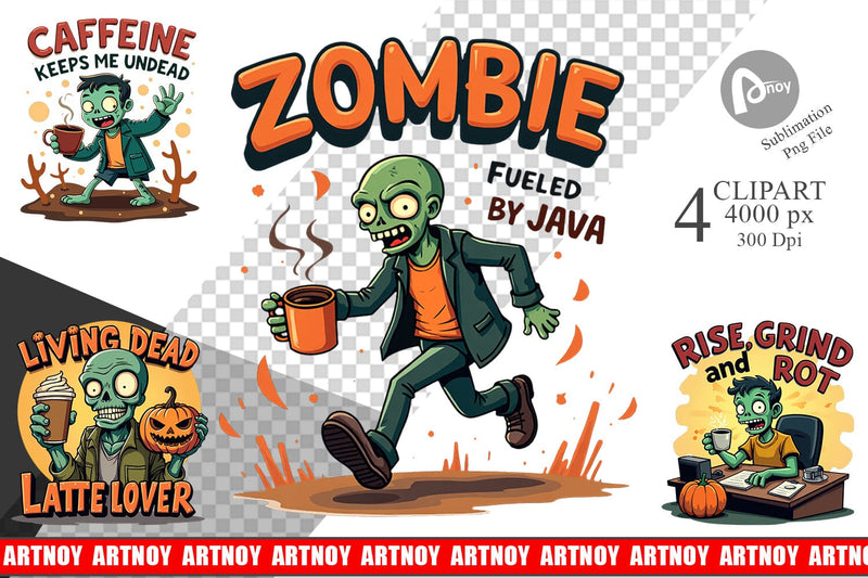 Halloween Zombie Coffee Clipart Sublimation artnoy 