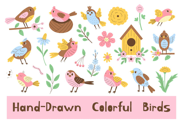 Hand-Drawn Colorful Birds & Plants PNG Clipart Sublimation Rin Green 