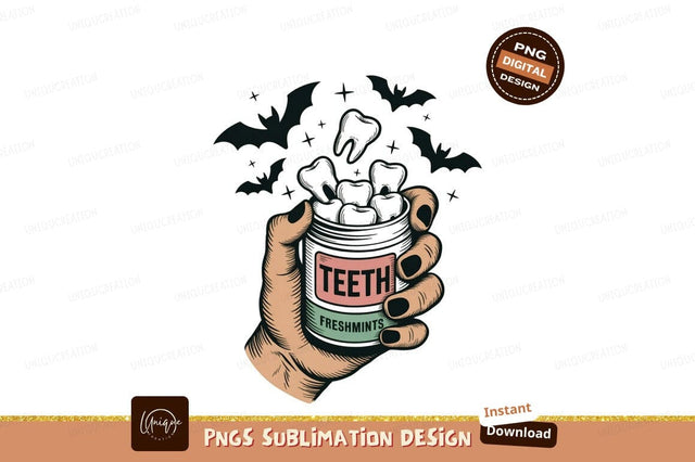 Hand holding jar of teeth freshmints with bats image Sublimation Designangry 