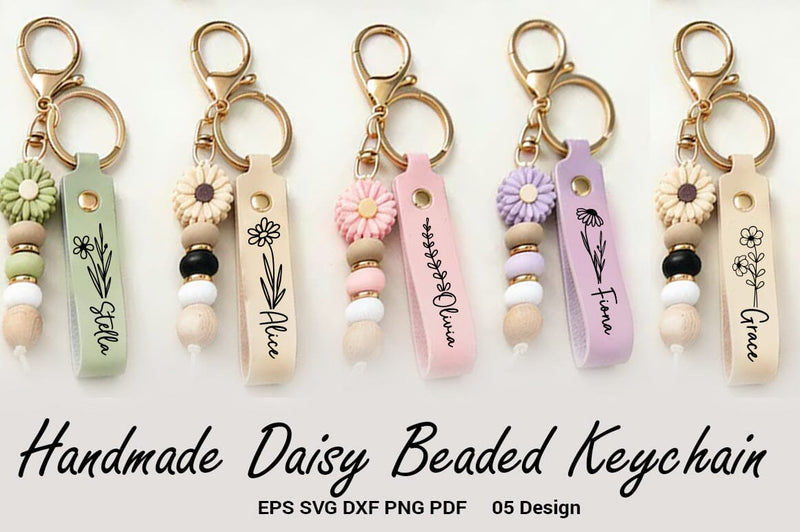 Handmade Daisy Beaded Keychain, Personalized Name Keyring, Cute Custom Bag Charm, Back to School or Friendship Gift SVG FiveStarCrafting 