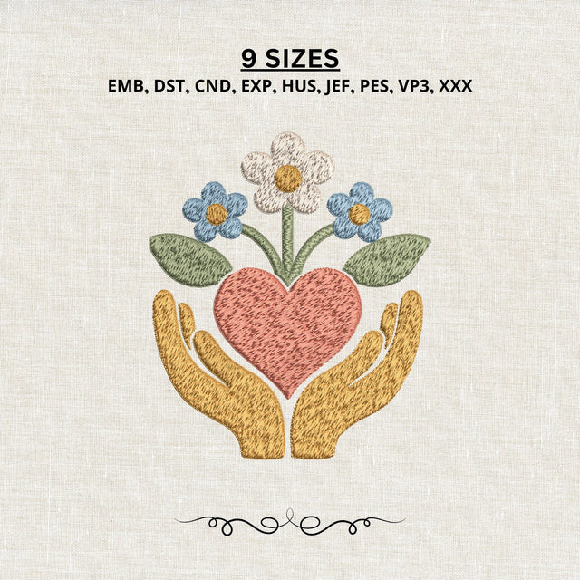 Hands Holding Heart Flowers Embroidery Design – Love Care Support Floral Machine Embroidery File Embroidery/Applique DESIGNS PatternFeed8 