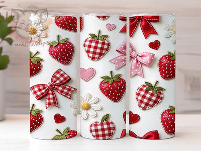 Handstitched Strawberry Bows 20oz Tumbler, Handstitched Design, Strawberry Pattern, Cute Bows, Sublimation Wrap, 20oz Tumbler, Whimsical Aesthetic, Sweet Charm Sublimation Lara' s Designs 