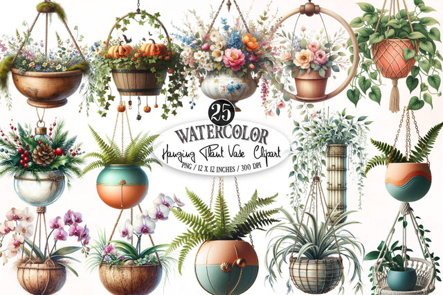 Hanging Plant Vase Watercolor Clipart Sublimation SVGista 