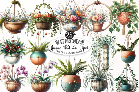 Hanging Plant Vase Watercolor Clipart Sublimation SVGista 