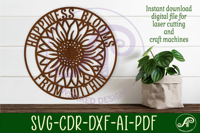 Happiness blooms Sunflower wall art sign, SVG file. vector SVG APInspireddesigns 