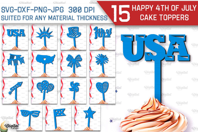 Happy 4th Of July Cake Toppers Laser Cut Bundle. Cupcake Toppers SVG SVG Evgenyia Guschina 
