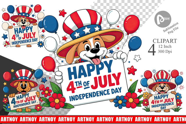 Happy 4th of July Dog Clipart Sublimation artnoy 