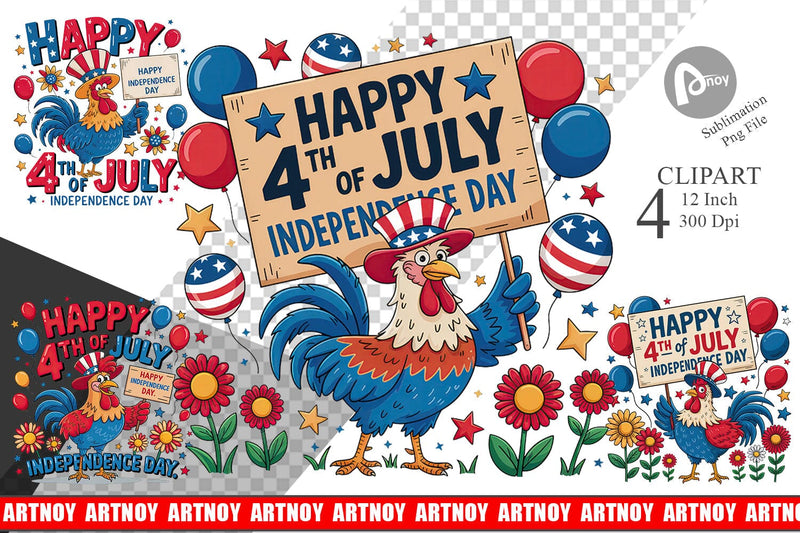 Happy 4th of July Rooster Clipart Sublimation artnoy 