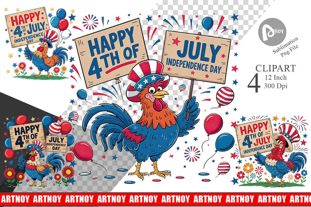 Happy 4th of July Rooster Clipart Sublimation artnoy 
