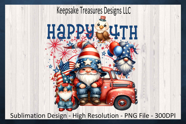 Happy 4th Patriotic Gnome Red Truck, Sublimation Png, Patriotic T-Shirt Design, Digital Download, Printable Png Sublimation Keepsake Treasures Designs LLC. 