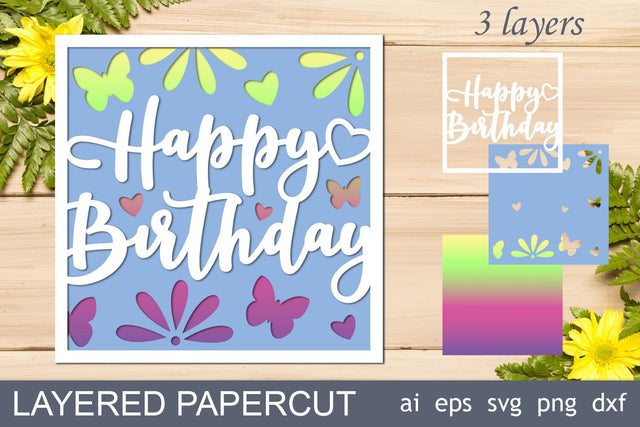 Happy Birthday 3d card with flowers and butterfly, Layered papercut svg SVG AnastasiyaArtDesign 