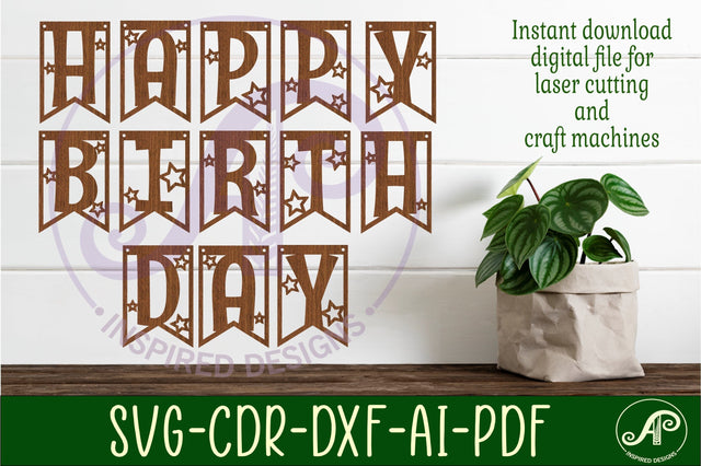 Happy birthday bunting banner with stars SVG laser cut SVG APInspireddesigns 