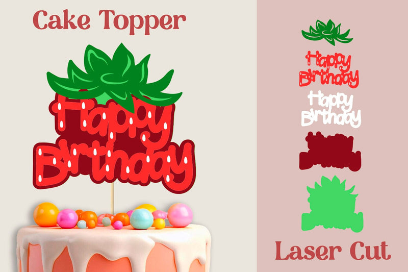 Happy birthday cake topper, 3d layered strawberry party decor SVG AnastasiyaArtDesign 