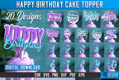 Happy Birthday Cake Topper Bundle | Cake Decoration | Anniversary | Cupcake Topper | CNC File SVG Fly Design 