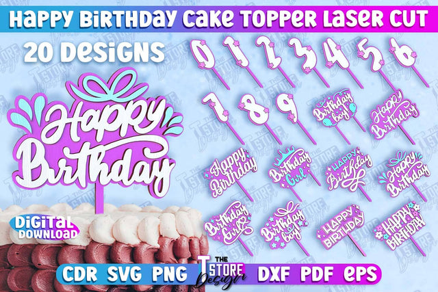 Happy Birthday Cake Topper Bundle | Cake Decoration | Anniversary | Cupcake Topper | CNC File SVG The T Store Design 