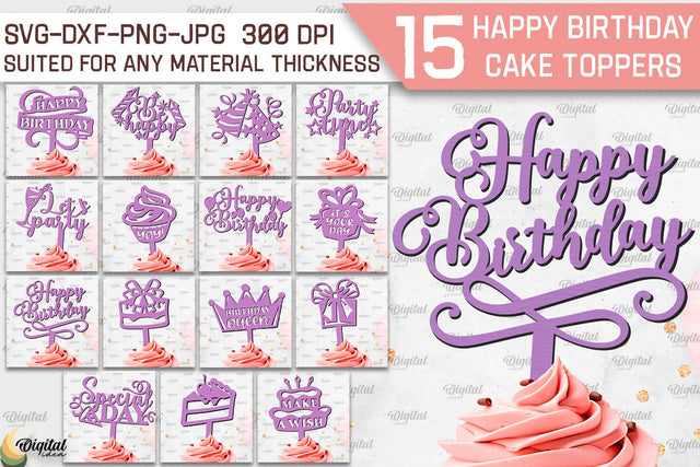 Happy Birthday Cake Toppers Laser Cut Bundle. Cupcake Toppers SVG SVG Evgenyia Guschina 