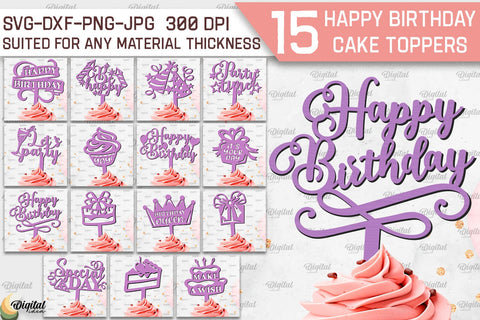 Happy Birthday Cake Toppers Laser Cut Bundle. Cupcake Toppers SVG SVG Evgenyia Guschina 