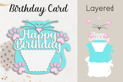 Happy Birthday card with cat, 3d Layered papercraft template 3D Paper AnastasiyaArtDesign 