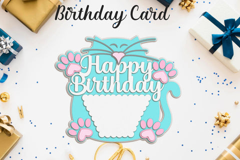 Happy Birthday card with cat, 3d Layered papercraft template 3D Paper AnastasiyaArtDesign 
