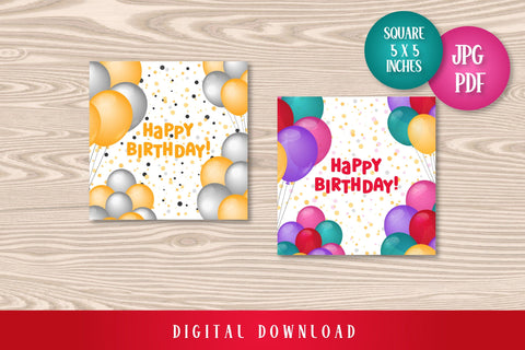 Happy Birthday Cards Printable | Digital Download PDF JPG Bday Greeting Cards Vertical & Square | Fun Design with Colorful Helium Balloons Sublimation AnnaViolet_store 