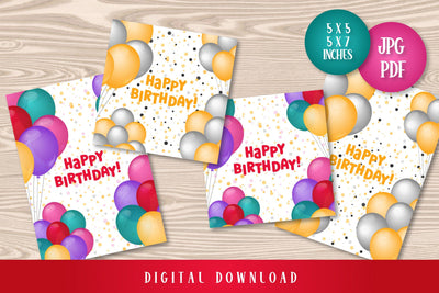 Happy Birthday Cards Printable | Digital Download PDF JPG Bday Greeting Cards Vertical & Square | Fun Design with Colorful Helium Balloons Sublimation AnnaViolet_store 