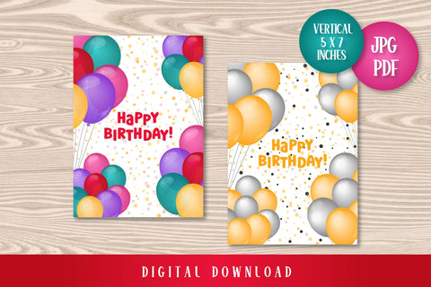 Happy Birthday Cards Printable | Digital Download PDF JPG Bday Greeting Cards Vertical & Square | Fun Design with Colorful Helium Balloons Sublimation AnnaViolet_store 