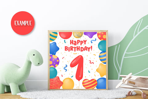 Happy Birthday Cards Printable | Fun Bday Greeting Square Cards for Kids| EPS PDF JPG | Colorful Design with Helium Balloons | My First Birthday 1 year, 2, 3, 4, 5, 6, 7, 8, 9, 10 years Sublimation AnnaViolet_store 