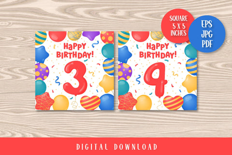 Happy Birthday Cards Printable | Fun Bday Greeting Square Cards for Kids| EPS PDF JPG | Colorful Design with Helium Balloons | My First Birthday 1 year, 2, 3, 4, 5, 6, 7, 8, 9, 10 years Sublimation AnnaViolet_store 