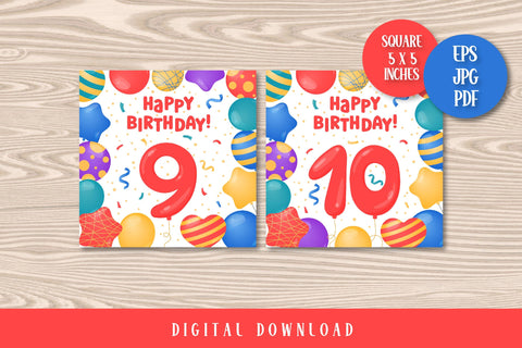 Happy Birthday Cards Printable | Fun Bday Greeting Square Cards for Kids| EPS PDF JPG | Colorful Design with Helium Balloons | My First Birthday 1 year, 2, 3, 4, 5, 6, 7, 8, 9, 10 years Sublimation AnnaViolet_store 