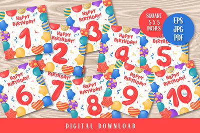 Happy Birthday Cards Printable | Fun Bday Greeting Square Cards for Kids| EPS PDF JPG | Colorful Design with Helium Balloons | My First Birthday 1 year, 2, 3, 4, 5, 6, 7, 8, 9, 10 years Sublimation AnnaViolet_store 