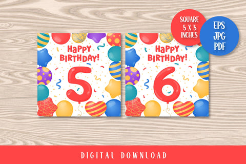 Happy Birthday Cards Printable | Fun Bday Greeting Square Cards for Kids| EPS PDF JPG | Colorful Design with Helium Balloons | My First Birthday 1 year, 2, 3, 4, 5, 6, 7, 8, 9, 10 years Sublimation AnnaViolet_store 