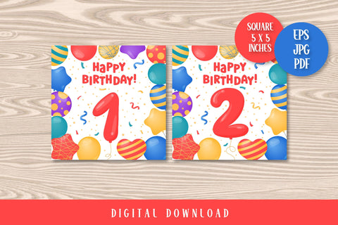 Happy Birthday Cards Printable | Fun Bday Greeting Square Cards for Kids| EPS PDF JPG | Colorful Design with Helium Balloons | My First Birthday 1 year, 2, 3, 4, 5, 6, 7, 8, 9, 10 years Sublimation AnnaViolet_store 
