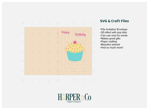 Happy Birthday Cupcake 3D Card SVG PNG Cut EPS File SVG HarperNCo 