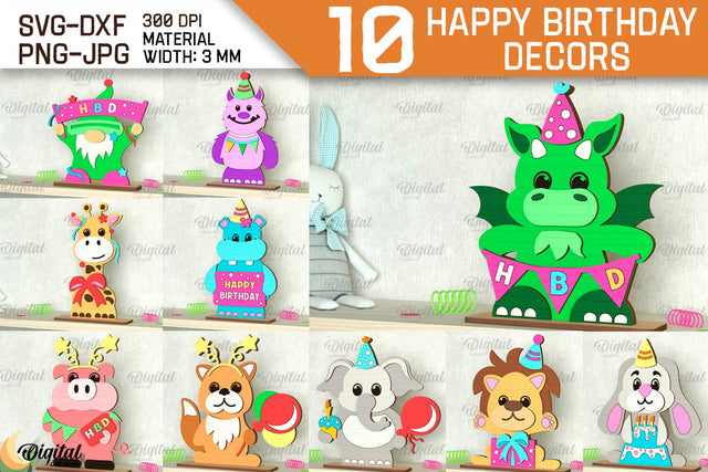 Happy Birthday Decor Laser Bundle. Birthday Animals SVG SVG Evgenyia Guschina 