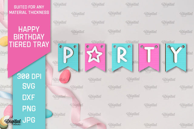 Happy Birthday Decor Laser Cut. Happy Birthday Tiered Tray SVG Evgenyia Guschina 