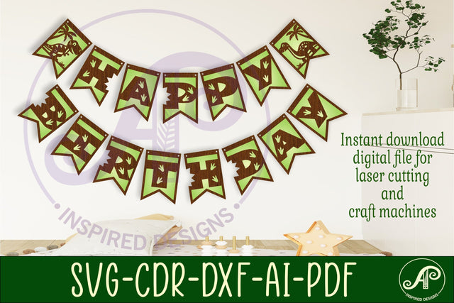 Happy birthday dinosaur bunting banner SVG laser cut SVG APInspireddesigns 