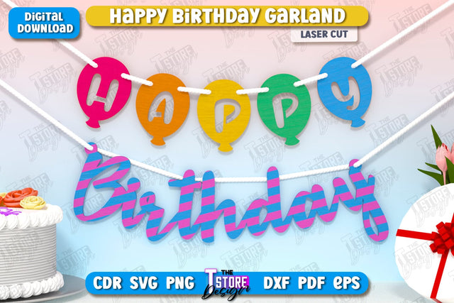 Happy Birthday Garland Laser Cut | Birthday Banner | Birthday Decorations | Birthday Party | Happy Birthday Bunting Banner | CNC File SVG The T Store Design 