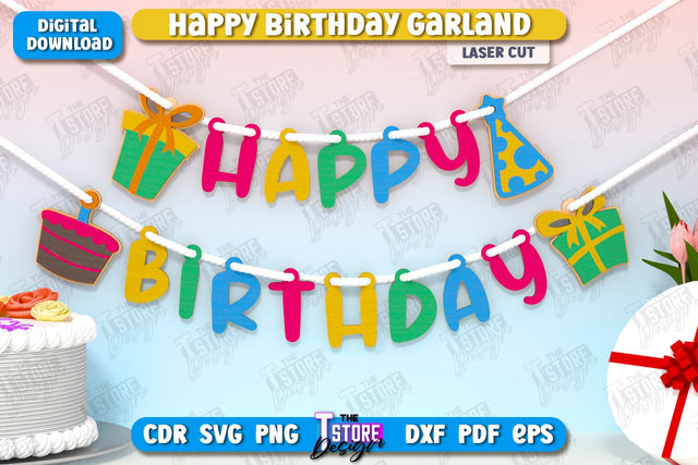 Happy Birthday Garland Laser Cut | Birthday Banner | Birthday Decorations | Birthday Party | Happy Birthday Bunting Banner | CNC File SVG The T Store Design 