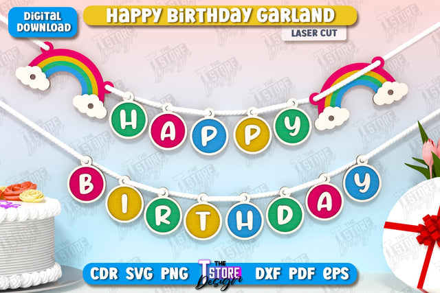 Happy Birthday Garland Laser Cut | Birthday Banner | Birthday Decorations | Birthday Party | Happy Birthday Bunting Banner | CNC File SVG The T Store Design 