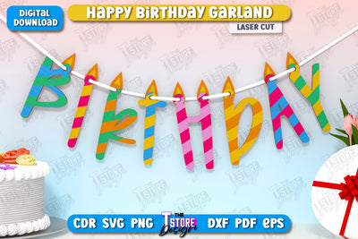 Happy Birthday Garland Laser Cut | Birthday Banner | Birthday Decorations | Birthday Party | Happy Birthday Bunting Banner | CNC File SVG The T Store Design 