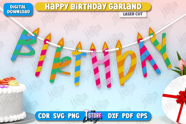 Happy Birthday Garland Laser Cut | Birthday Banner | Birthday Decorations | Birthday Party | Happy Birthday Bunting Banner | CNC File SVG The T Store Design 