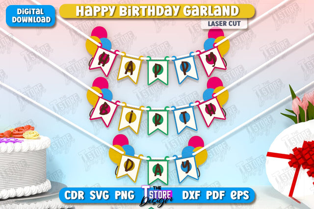 Happy Birthday Garland Laser Cut | Birthday Banner | Birthday Decorations | Birthday Party | Happy Birthday Bunting Banner | CNC File SVG The T Store Design 