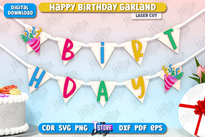 Happy Birthday Garland Laser Cut | Birthday Banner | Birthday Decorations | Birthday Party | Happy Birthday Bunting Banner | CNC File SVG The T Store Design 